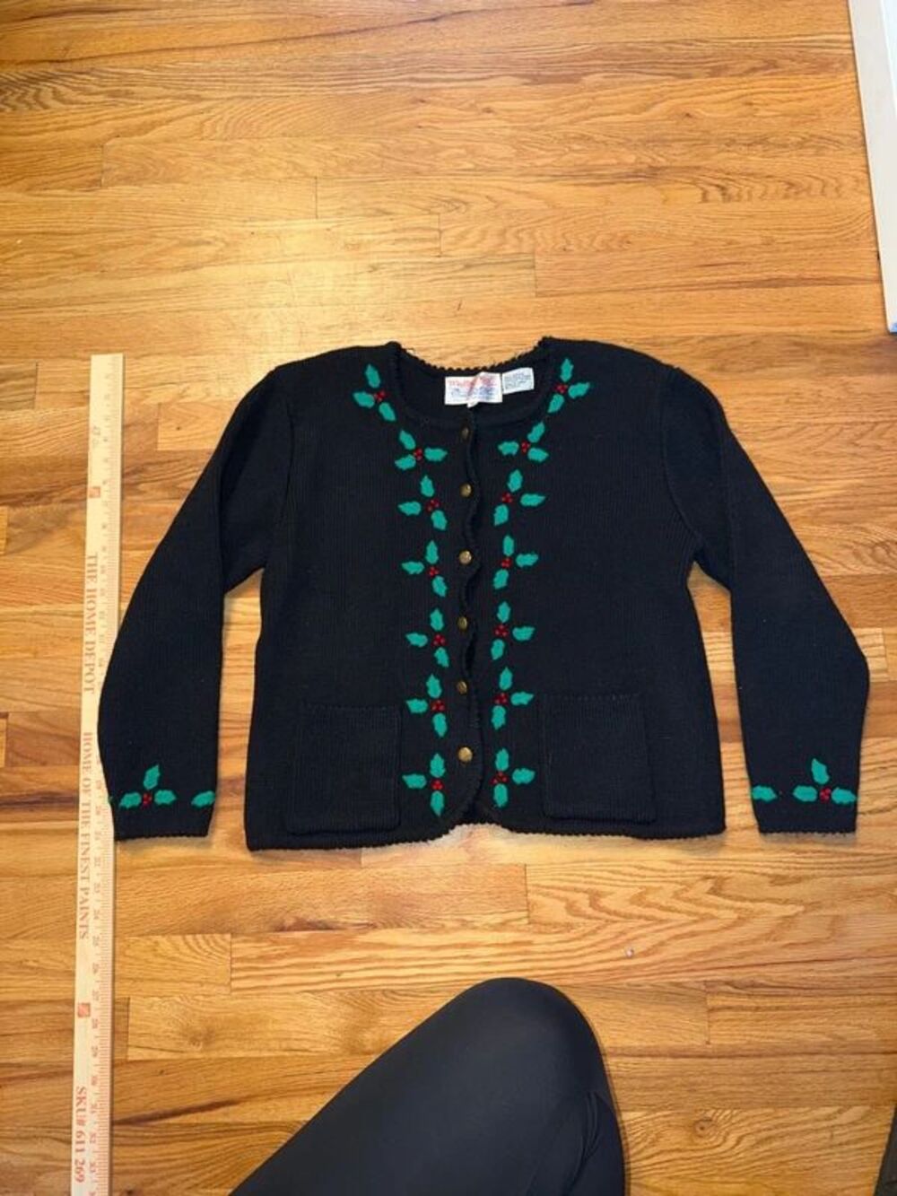 vintage holly embroidered black knit cardigan